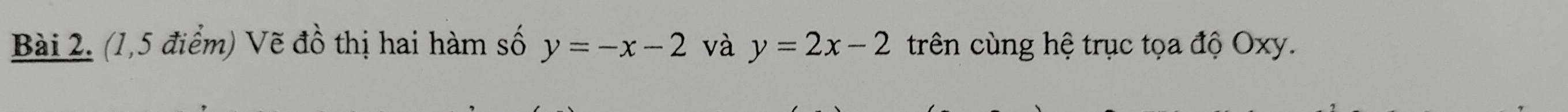 (1,5 điểm) Vẽ đồ thị hai hàm số y=-x-2 và y=2x-2 trên cùng hệ trục tọa độ Oxy.