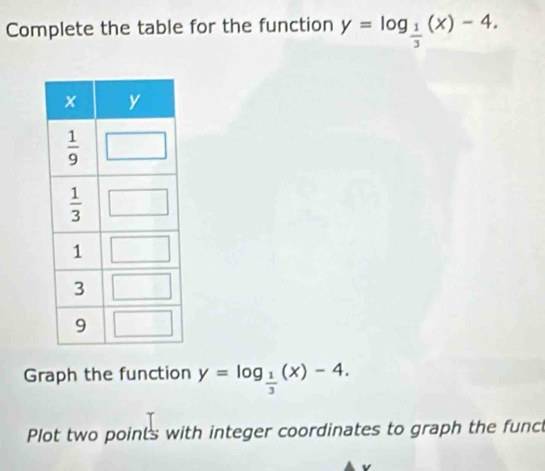 Complete the table for the function y=log _ 1/3 (x)-4.
Graph the function y=log _ 1/3 (x)-4.
Plot two points with integer coordinates to graph the func