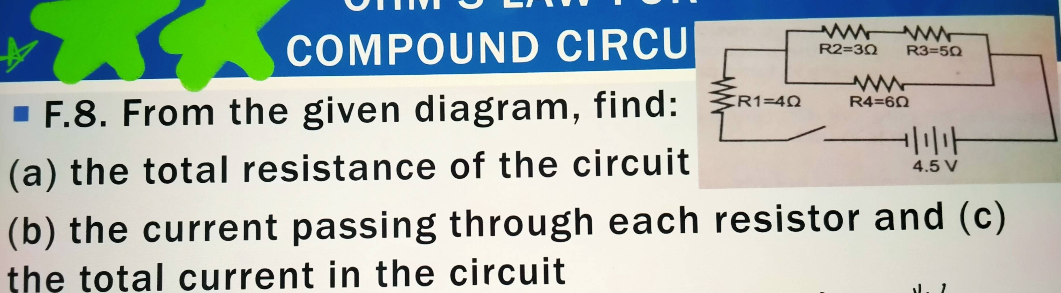 COMPOUND CIRCU
F.8. From the given diagram, find:
(a) the total resistance of the circui
(b) the current passing through each resistor and (c)
the total current in the circuit