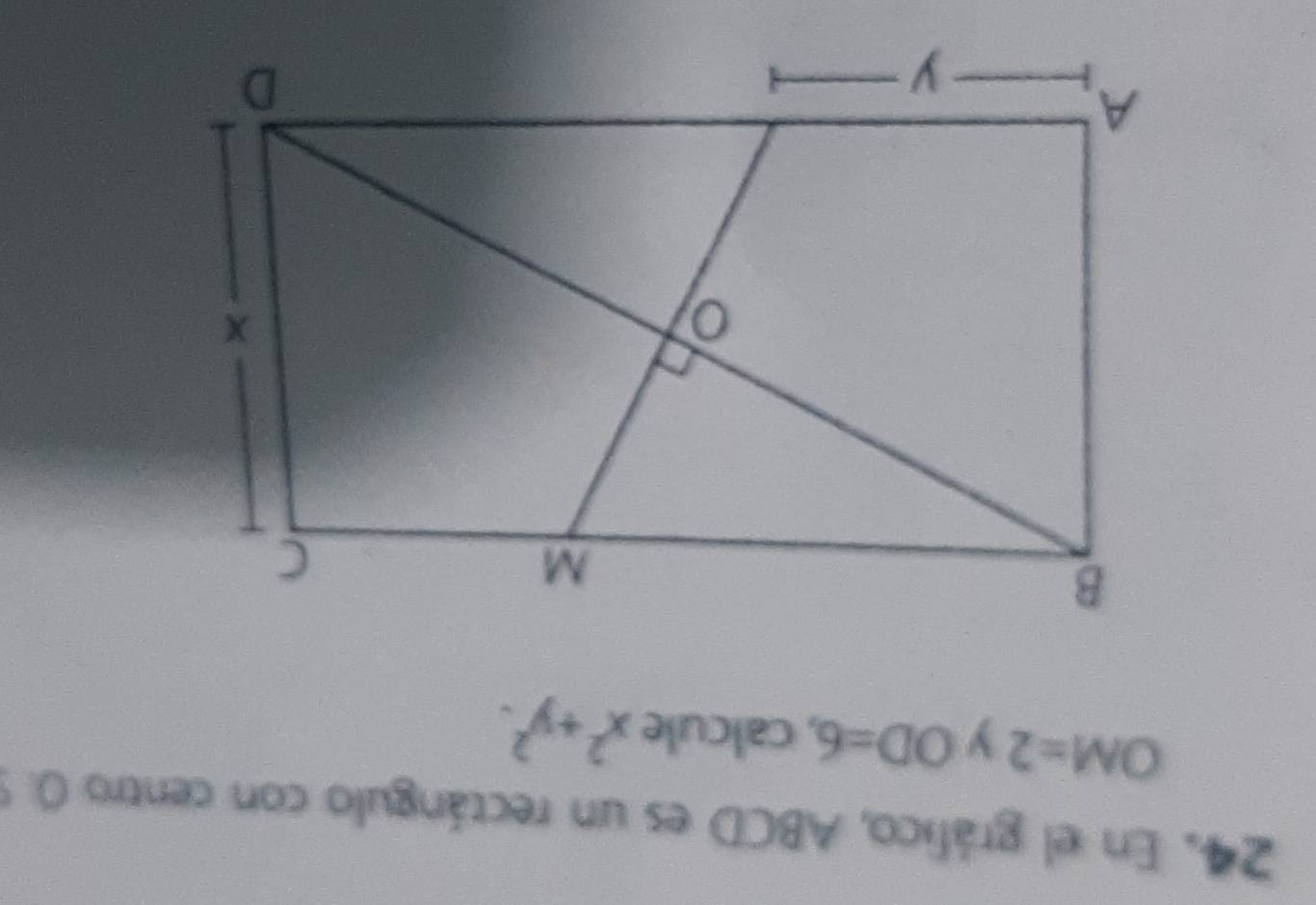 En el gráfico, ABCD es un rectángulo con centro 0 5
OM=2 y OD=6 , calcule x^2+y^2.