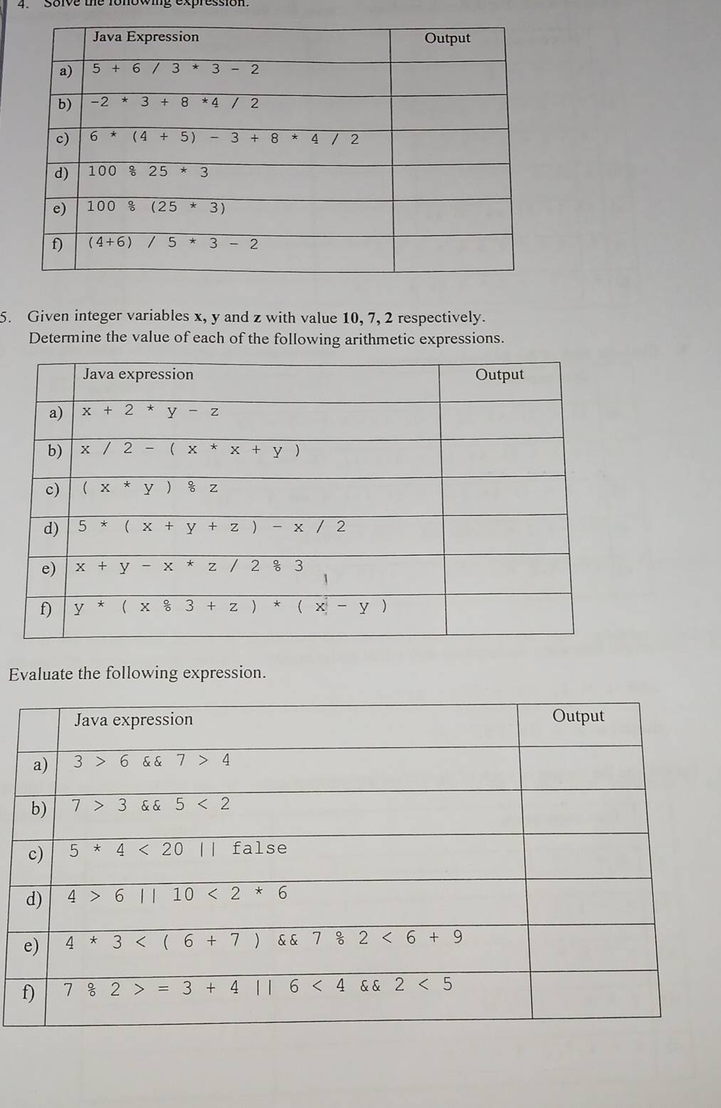 Given integer variables x, y and z with value 10, 7, 2 respectively.
Determine the value of each of the following arithmetic expressions.
Evaluate the following expression.