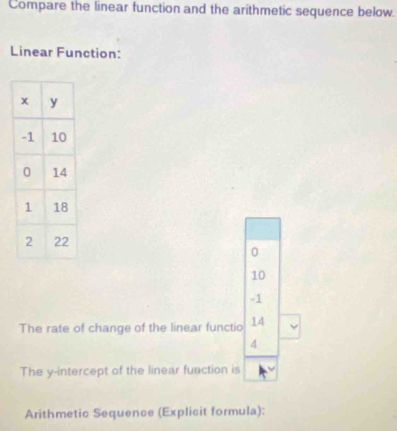 Compare the linear function and the arithmetic sequence below.
Linear Function:
0
10
-1
The rate of change of the linear functio 14
4
The y-intercept of the linear function is
Arithmetic Sequence (Explicit formula):