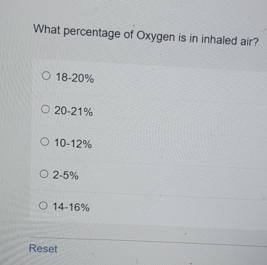 What percentage of Oxygen is in inhaled air?
18-20%
20-21%
10-12%
2-5%
14-16%
Reset