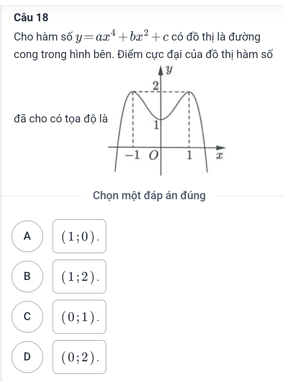 Cho hàm số y=ax^4+bx^2+c có đồ thị là đường
cong trong hình bên. Điểm cực đại của đồ thị hàm số
đã cho có tọa độ l
Chọn một đáp án đúng
A (1;0).
B (1;2).
C (0;1).
D (0;2).