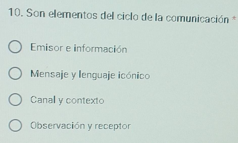 Son elementos del ciclo de la comunicación *
Emisor e información
Mensaje y lenguaje icónico
Canall y contexto
Observación y receptor