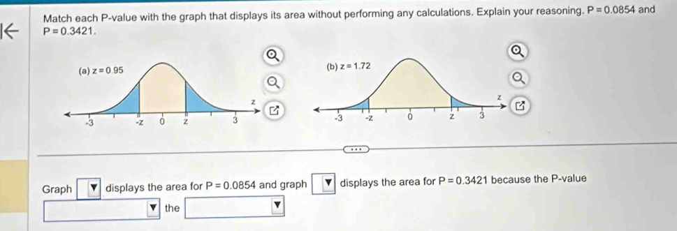 Match each P-value with the graph that displays its area without performing any calculations. Explain your reasoning. P=0.0854 and
P=0.3421.
z
 
Graph displays the area for P=0.0854 and graph displays the area for P=0.3421 because the P-value
the