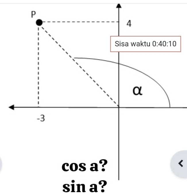 Sisa waktu 0:40:10
α
-3
cos a? < 
<tex>sin a ?