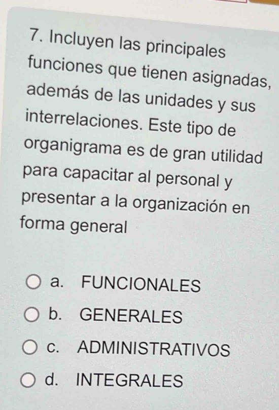 Incluyen las principales
funciones que tienen asignadas,
además de las unidades y sus
interrelaciones. Este tipo de
organigrama es de gran utilidad
para capacitar al personal y
presentar a la organización en
forma general
a. FUNCIONALES
b. GENERALES
c. ADMINISTRATIVOS
d. INTEGRALES