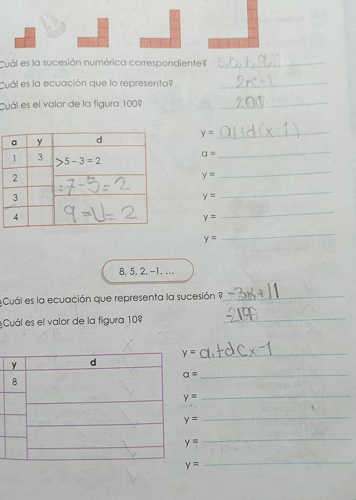 Cuál es la sucesión numérica correspondiente?_
Cuál es la ecuación que lo representa?_
Cuál es el valor de la figura 100?_
y=
_
_
a=
y=
_
y=
_
y=
_
y=
_
8, 5, 2, -1, ...
Cuál es la ecuación que representa la sucesión ?_
Cuál es el valor de la figura 10
_
y=
a=
y=
_
y=
_
y=
_
y=
_