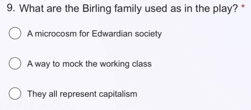 What are the Birling family used as in the play? *
A microcosm for Edwardian society
A way to mock the working class
They all represent capitalism