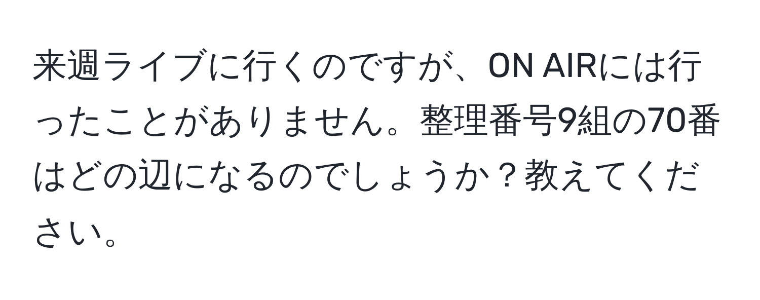 来週ライブに行くのですが、ON AIRには行ったことがありません。整理番号9組の70番はどの辺になるのでしょうか？教えてください。