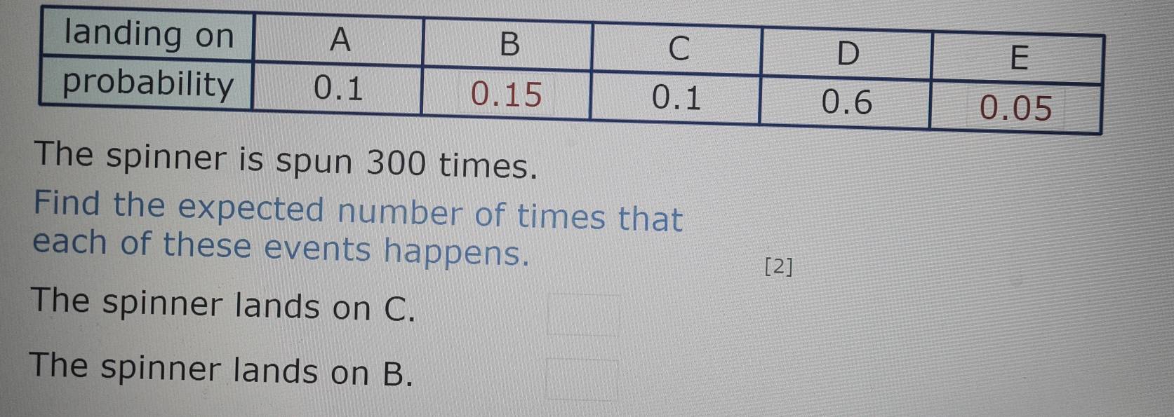 The spinner is spun 300 times. 
Find the expected number of times that 
each of these events happens. 
[2] 
The spinner lands on C. 
The spinner lands on B.