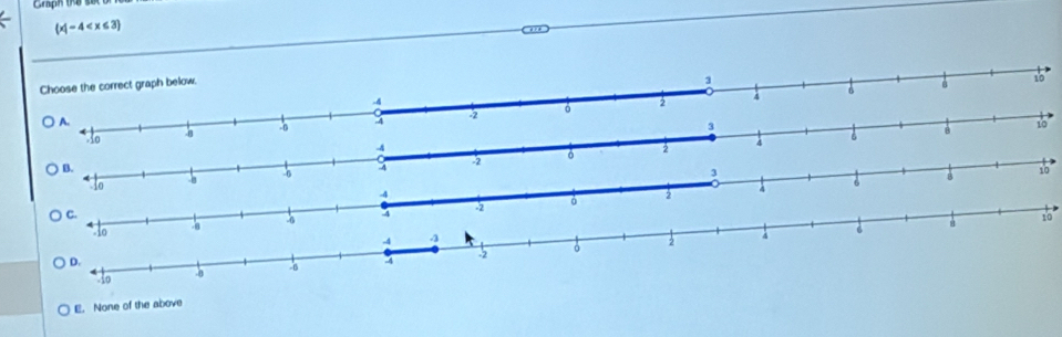 Graph t e
(x|-4
''
Choose the correct graph below.
3
10
-4
2
A.
-0
4 -2
3
10
3o
-4
2
B.
2
3
10
4o
-4
2
10
4o
E. None of the above