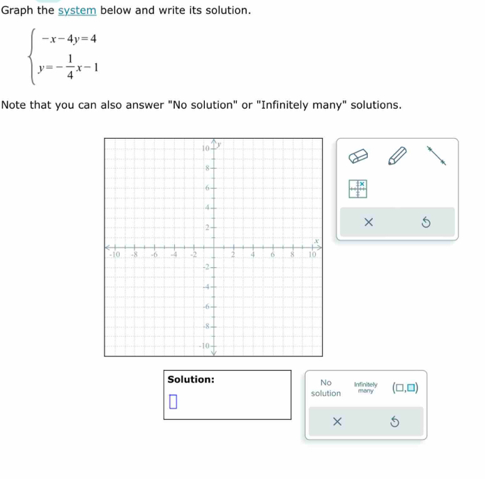 Graph the system below and write its solution.
beginarrayl -x-4y=4 y=- 1/4 x-1endarray.
Note that you can also answer "No solution" or "Infinitely many" solutions. 
× 
Solution: Infinitely (□ ,□ )
No 
solution many 
×