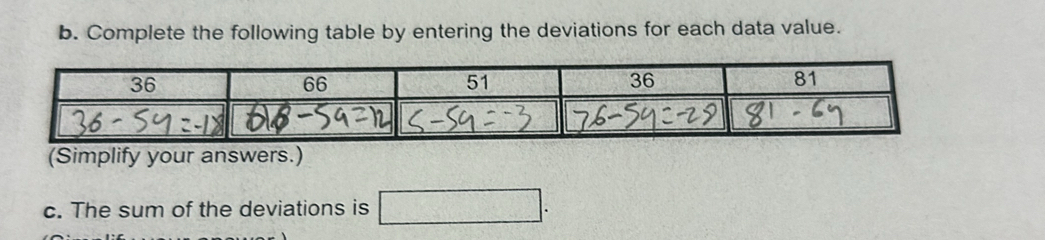 Complete the following table by entering the deviations for each data value. 
(Simplify your answers.) 
c. The sum of the deviations is □.