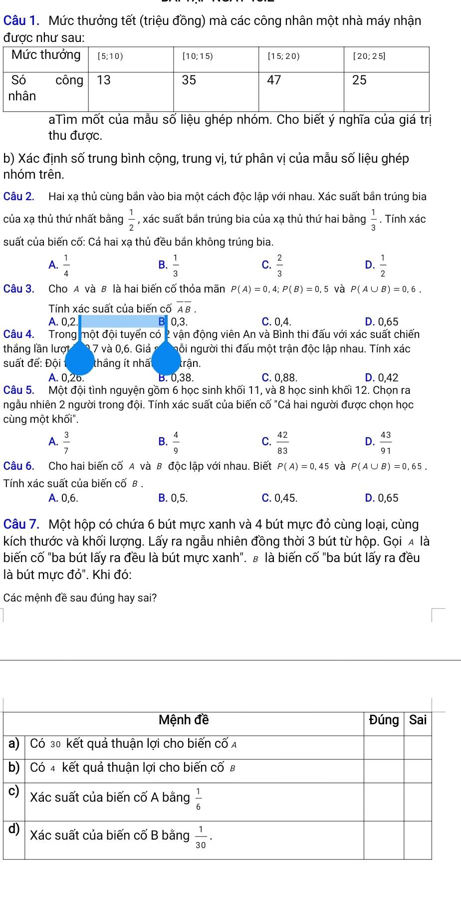 Mức thưởng tết (triệu đồng) mà các công nhân một nhà máy nhận
được như sau:
aTìm mốt của mẫu số liệu ghép nhóm. Cho biết ý nghĩa của giá trị
thu được.
b) Xác định số trung bình cộng, trung vị, tứ phân vị của mẫu số liệu ghép
nhóm trên.
Câu 2. Hai xạ thủ cùng bắn vào bia một cách độc lập với nhau. Xác suất bắn trúng bia
của xạ thủ thứ nhất bằng  1/2  , xác suất bắn trúng bia của xạ thủ thứ hai bằng  1/3 . Tính xác
suất của biến cố: Cả hai xạ thủ đều bắn không trúng bia.
A.  1/4   1/3  C.  2/3  D.  1/2 
B.
Câu 3. Cho A và B là hai biến cố thỏa mãn P(A)=0,4;P(B)=0,5 và P(A∪ B)=0,6.
Tính xác suất của biến cố overline AB.
A. 0,2 B 0,3. C. 0,4. D. 0,65
Câu 4. Trong một đội tuyển có  2 vận động viên An và Bình thi đấu với xác suất chiến
thắng lần lượt 7 và 0,6. Giả nỗi người thi đấu một trận độc lập nhau. Tính xác
suất để: Đội thắng ít nhấ trận.
A. 0,26. B. 0,38. C. 0,88. D. 0,42
Câu 5. Một đội tình nguyện gồm 6 học sinh khối 11, và 8 học sinh khối 12. Chọn ra
ngẫu nhiên 2 người trong đội. Tính xác suất của biến cố "Cả hai người được chọn học
cùng một khối".
A.  3/7   4/9   42/83   43/91 
B.
C.
D.
Câu 6. Cho hai biến cố A và B độc lập với nhau. Biết P(A)=0,45 và P(A∪ B)=0,65.
Tính xác suất của biến cố B .
A. 0,6. B. 0,5. C. 0,45. D. 0,65
Câu 7. Một hộp có chứa 6 bút mực xanh và 4 bút mực đỏ cùng loại, cùng
kích thước và khối lượng. Lấy ra ngẫu nhiên đồng thời 3 bút từ hộp. Gọi λ là
biến cố "ba bút lấy ra đều là bút mực xanh". ⊥ là biến cố "ba bút lấy ra đều
là bút mực đỏ". Khi đó:
Các mệnh đề sau đúng hay sai?