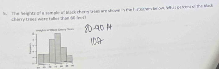 The heights of a sample of black cherry trees are shown in the histogram below. What percent of the black 
cherry trees were taller than 80 feet? 
← 65 70