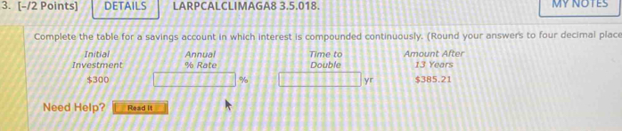 DETAILS LARPCALCLIMAGA8 3.5.018. MY NOTES 
Complete the table for a savings account in which interest is compounded continuously. (Round your answers to four decimal place 
Initial Annual Time to 
Investment % Rate Double Amount After 13 Years
$300 % yr $385.21
Need Help? Read It