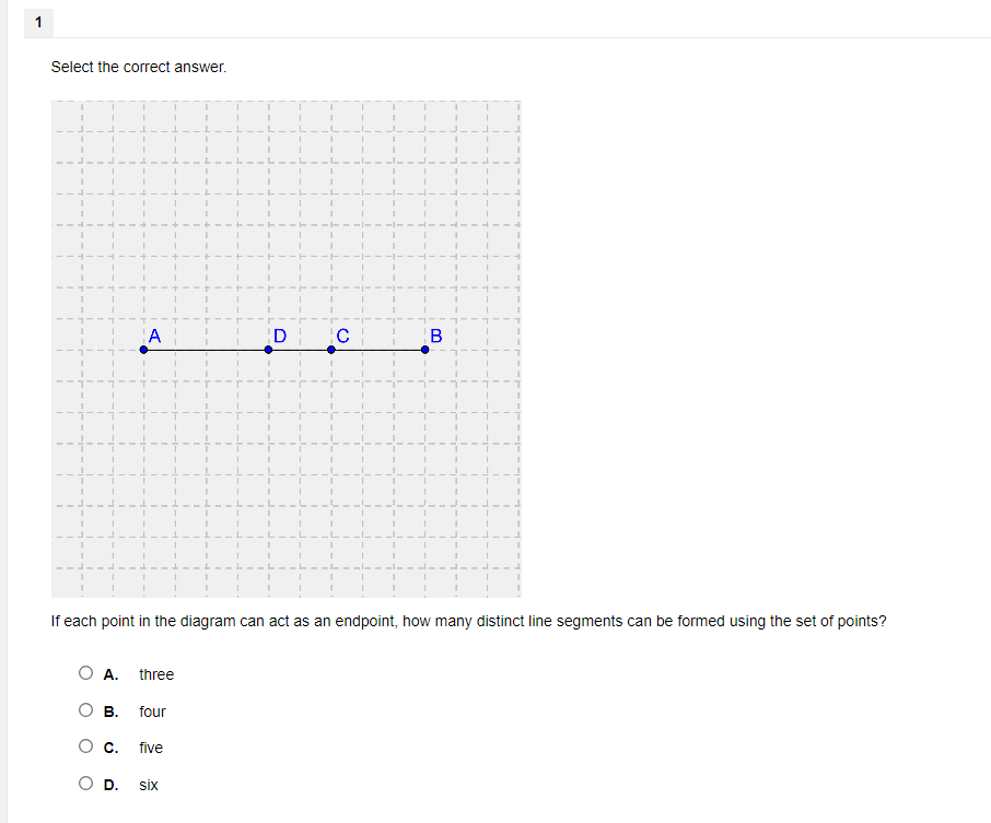 Select the correct answer.
If each point in the diagram can act as an endpoint, how many distinct line segments can be formed using the set of points?
A. three
B. four
C. five
D. six