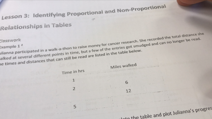 Lesson 3: Identifying Proportional and Non-Proportional 
Relationships in Tables 
Classwork 
ulianna participated in a walk-a-thon to raise money for cancer research. She recorded the total distance she 
Example 1^1 
alked at several different points in time, but a few of the entries got smudged and can no longer be read. 
he times and distances that can still be read are listed in the table below. 
Time in hrs Miles walked
1
6
2
12
5
to the table and plot Julianna's progres