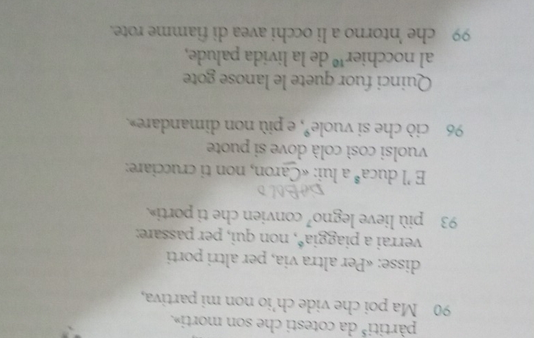 pàrtiti³ da cotesti che son morti».
90 Ma poi che vide ch’io non mi partiva, 
disse: «Per altra via, per altri porti 
verrai a piaggia*, non qui, per passare:
93 più lieve legno⁷ convien che ti porti». 
E 'l duca a^s a lui: «Caron, non ti crucciare: 
vuolsi così colà dove si puote
96 ciò che si vuole°, e più non dimandare». 
Quinci fuor quete le lanose gote 
al nocchier^(10) de la livida palude,
99 che 'ntorno a li occhi avea di fiamme rote.