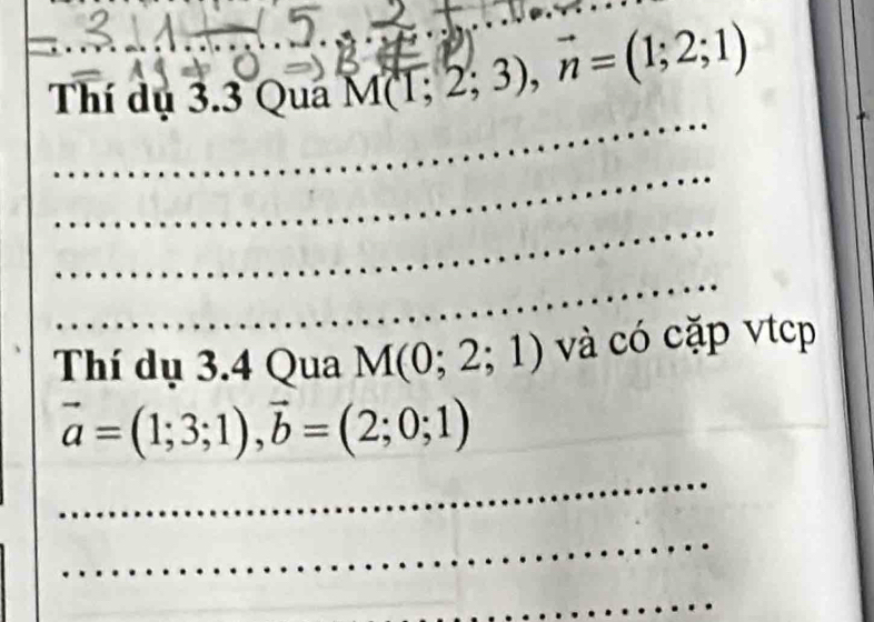 Thí dụ 3.3 Quá M(T;2;3), vector n=(1;2;1)
_ 
_ 
_ 
_ 
Thí dụ 3.4 Qua M(0;2;1) và có cặp vtcp
vector a=(1;3;1), vector b=(2;0;1)
_ 
_ 
_