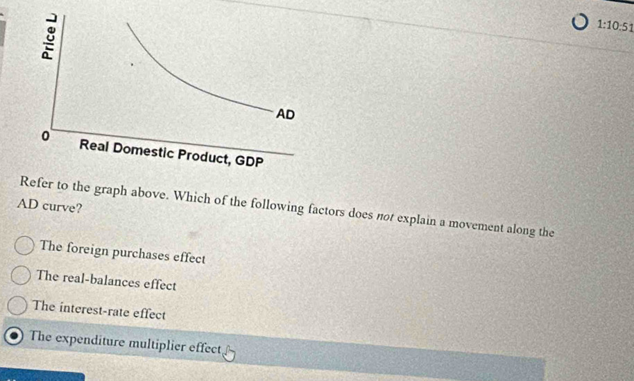 1:10:51 
AD curve?
Refer to the graph above. Which of the following factors does not explain a movement along the
The foreign purchases effect
The real-balances effect
The interest-rate effect
The expenditure multiplier effect