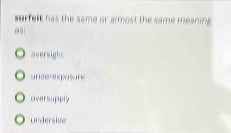 surfelt has the same or almost the same meaning 
as
oversight
underexposure
oversupply
underside