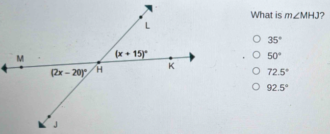 What is m∠ MHJ ?
35°
50°
72.5°
92.5°