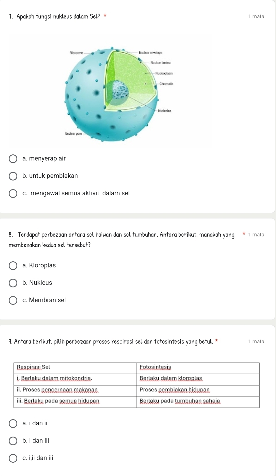 Apakah fungsi nukleus dalam Sel? * 1 mata
a. menyerap air
b. untuk pembiakan
c. mengawal semua aktiviti dalam sel
8. Terdapat perbezaan antara sel haiwan dan sel tumbuhan. Antara berikut, manakah yang 1 mata
membezakan kedua sel tersebut?
a. Kloroplas
b. Nukleus
c. Membran sel
9. Antara berikut, pilih perbezaan proses respirasi sel dan fotosintesis yang betul. * 1 mata
a. i dan ii
b. i dan iii
c. i,ii dan iii