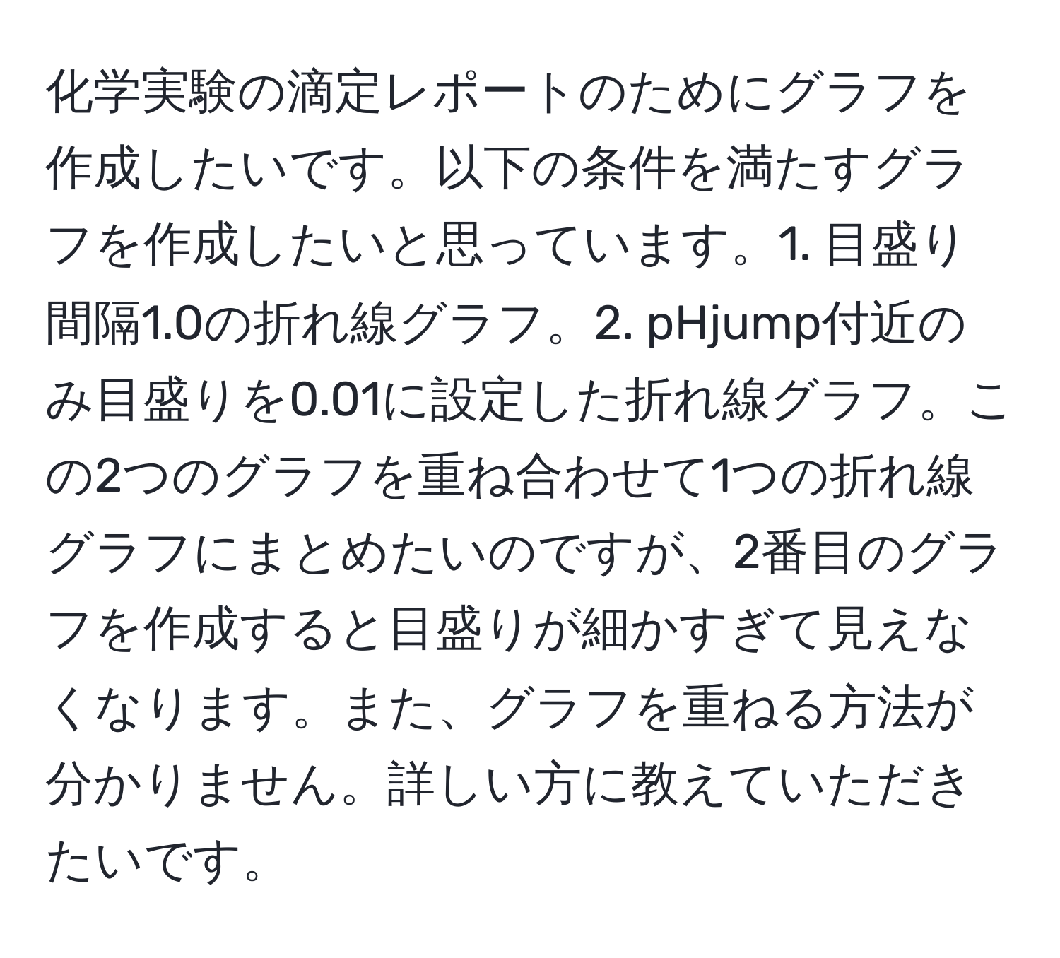 化学実験の滴定レポートのためにグラフを作成したいです。以下の条件を満たすグラフを作成したいと思っています。1. 目盛り間隔1.0の折れ線グラフ。2. pHjump付近のみ目盛りを0.01に設定した折れ線グラフ。この2つのグラフを重ね合わせて1つの折れ線グラフにまとめたいのですが、2番目のグラフを作成すると目盛りが細かすぎて見えなくなります。また、グラフを重ねる方法が分かりません。詳しい方に教えていただきたいです。