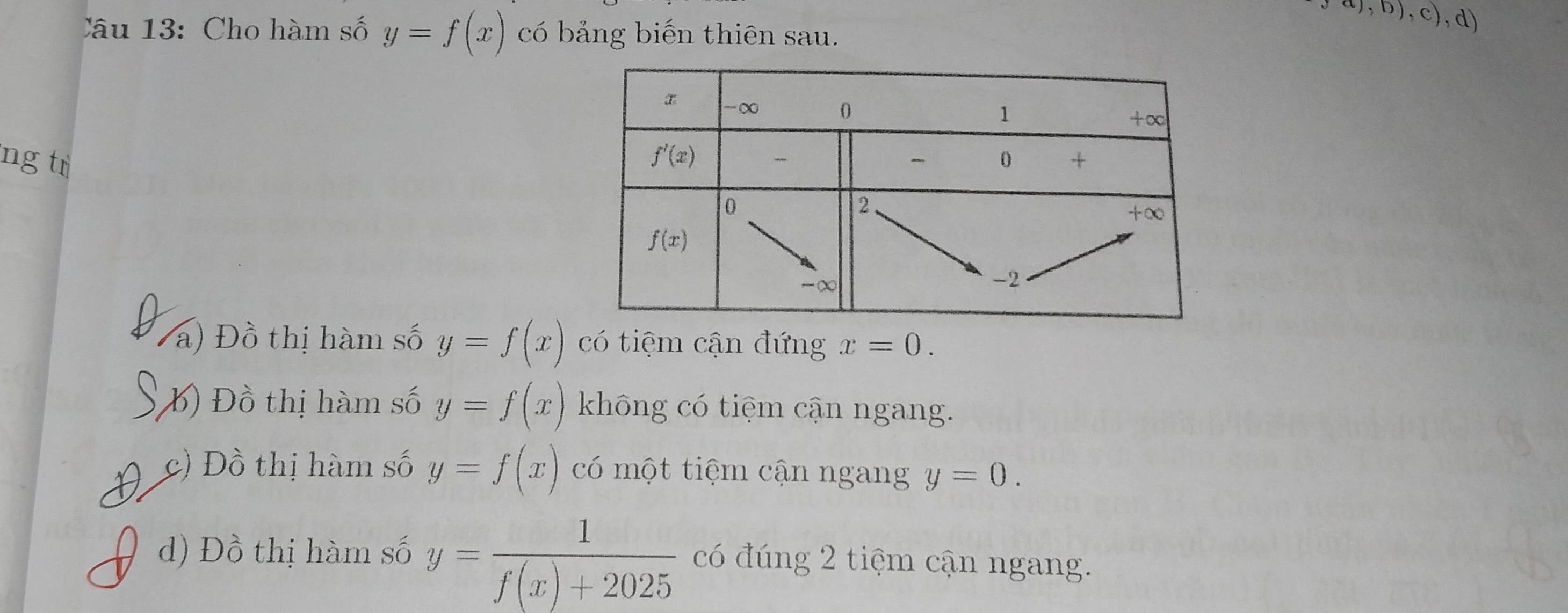 Cho hàm số y=f(x) có bảng biến thiên sau.
a,b),c),d)
ng tr
a) Đồ thị hàm số y=f(x) có tiệm cận đứng x=0.
B) Đồ thị hàm số y=f(x) không có tiệm cận ngang.
D c) Đồ thị hàm số y=f(x) có một tiệm cận ngang y=0.
d) Đồ thị hàm số y= 1/f(x)+2025  có đúng 2 tiệm cận ngang.