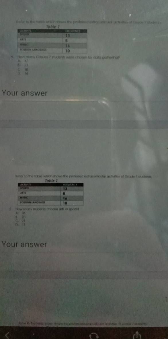 Refer to the table wtion shows the probsed edracumicular activin of Glade 7 studeon
4. How many Grades 7 students were chosen for sata gathering?
A. e
B. 23
C 1B
D l6
Your answer
Refer to the table which shows the preferred extracumicular activities of Grace 7 students
T
5 How many students choose art or sparls?
5
B. 23
C. 21
D + 3
Your answer
1
Acke in the tass wolch thove the profete p pracustiure an thtm of clare 2 sodeth