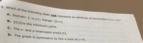 Which of the following does not represent an attribute of the function f(x)=|x| 7
A. Domain: (-∈fty ,∈fty ); Range: [0,∈fty )
B. (0,0) is the minimum point.
C. The x - and y-intercepts are (0,0).
D. The graph is symmetric to the x-axis at y=0.