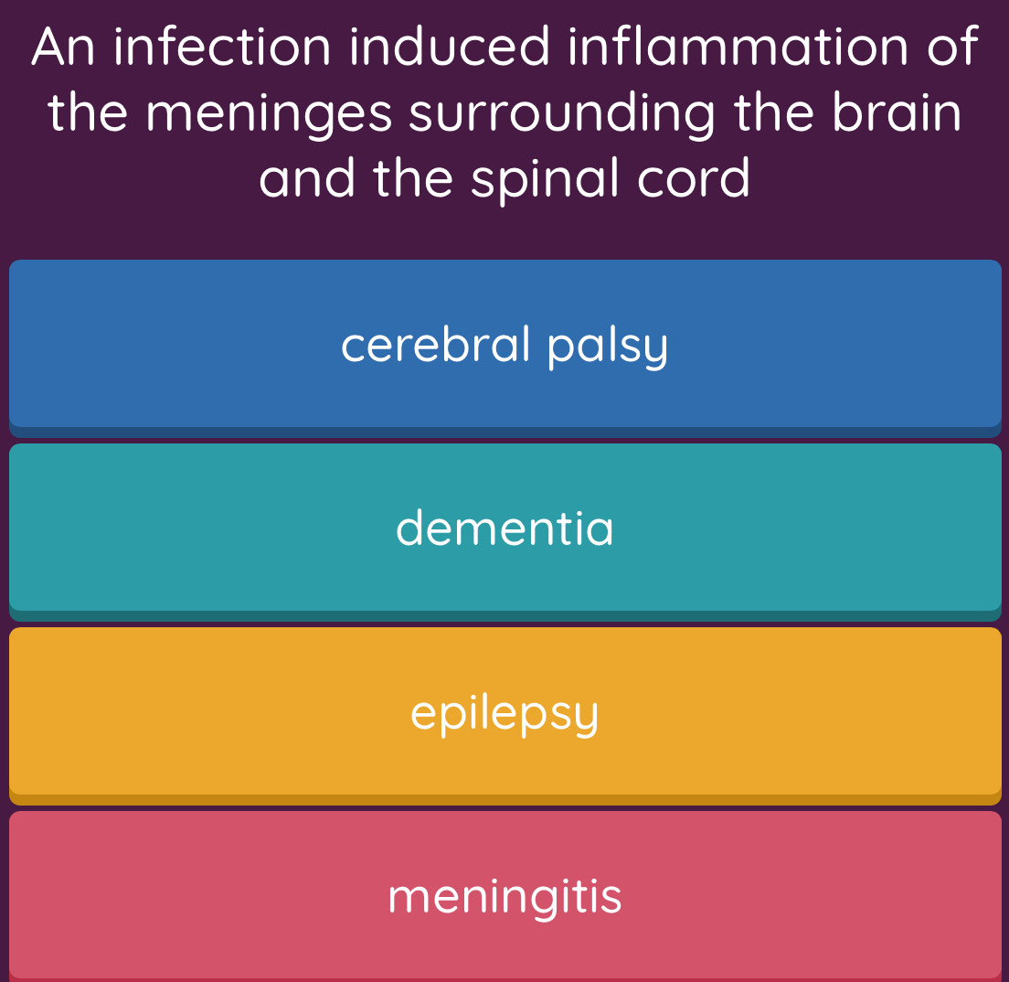 An infection induced inflammation of
the meninges surrounding the brain
and the spinal cord
cerebral palsy
dementia
epilepsy
meningitis