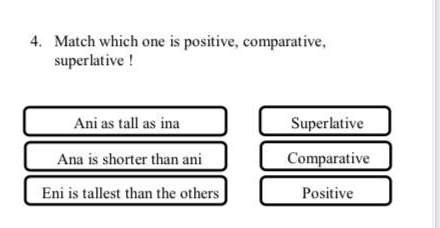 Match which one is positive, comparative,
superlative !
Ani as tall as ina Superlative
Ana is shorter than ani Comparative
Eni is tallest than the others Positive