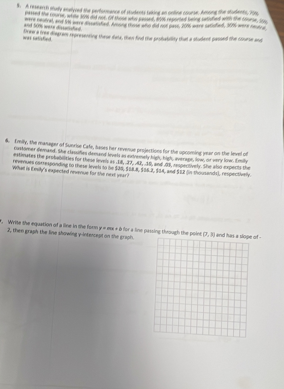 A research study analyzed the performance of students taking an online course, Among the studerss, 196
passed the course, while 30% did not. Of those who passed, 27% reported being sutsfed Wish the coufe Say 
were neutral, and 5% were dissatisfied. Among those who did not pass, 20% were satisfied, 30% were nevtra, 
and 50% were dissatisfied. 
Draw a tree diagram representing these data, then find the probability that a student passed the course and 
was satisfied. 
6. Emily, the manager of Sunrise Cafe, bases her revenue projections for the upcoming year on the level of 
customer demand. She classifies demand levels as extremely high, high, average, low, or very low. Emily 
estimates the probabilities for these levels as . 18, . 27, . 42, . 10, and . 03, respectively. She also expects the 
revenues corresponding to these levels to be $20, $18.8, $16.2, $14, and $12 (in thousands), respectively. 
What is Emily's expected revenue for the next year? 
. Write the equation of a line in the form y=mx+b for a line passing through the point (7,3) and has a slope of - 
2, then graph the line showing y-intercept on the graph.