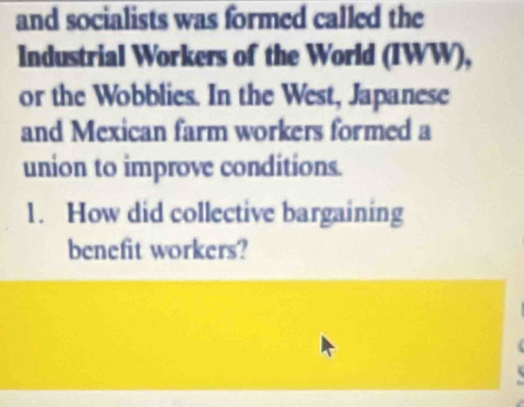 and socialists was formed called the 
Industrial Workers of the World (IWW), 
or the Wobblies. In the West, Japanese 
and Mexican farm workers formed a 
union to improve conditions. 
1. How did collective bargaining 
benefit workers?