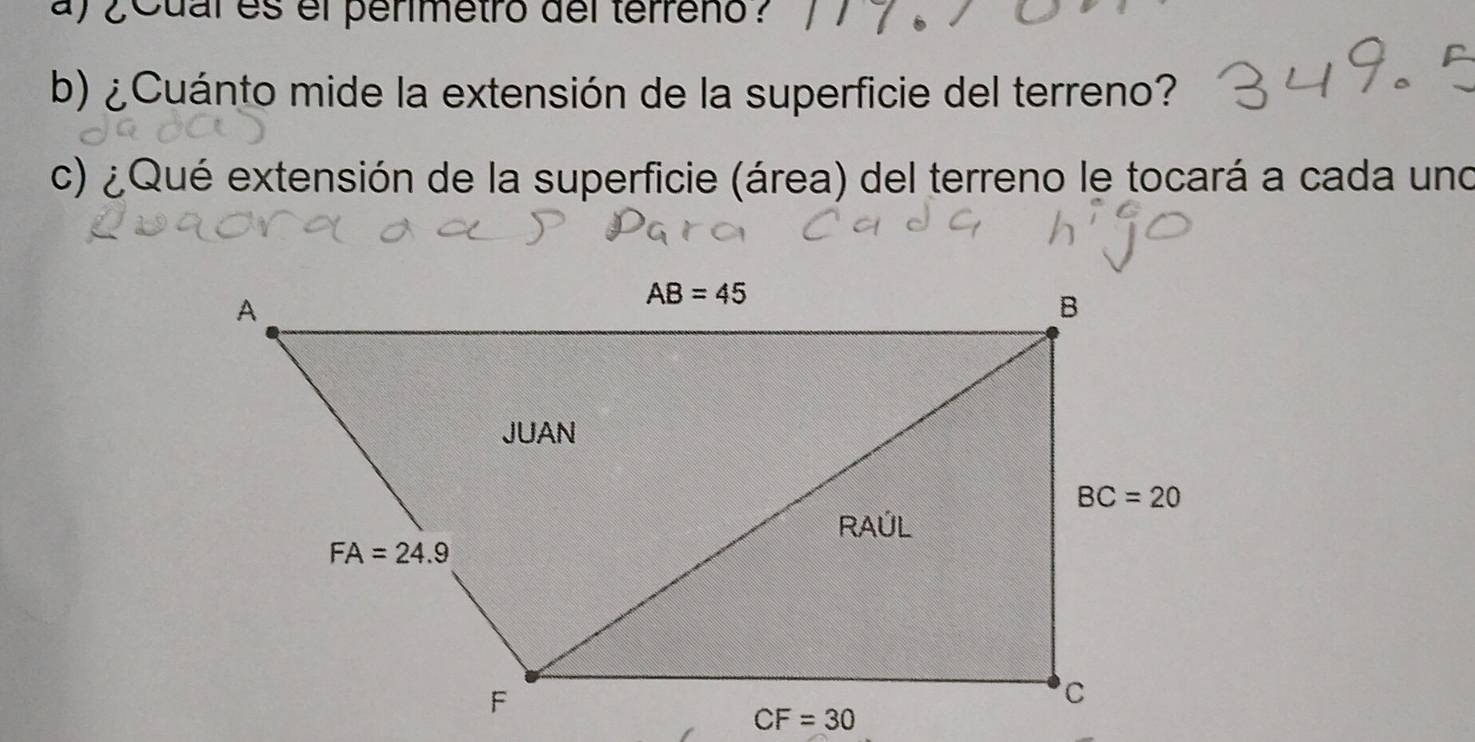 ¿ Cual es el perimetro del terreno ?
b) ¿Cuánto mide la extensión de la superficie del terreno?
c) ¿Qué extensión de la superficie (área) del terreno le tocará a cada uno