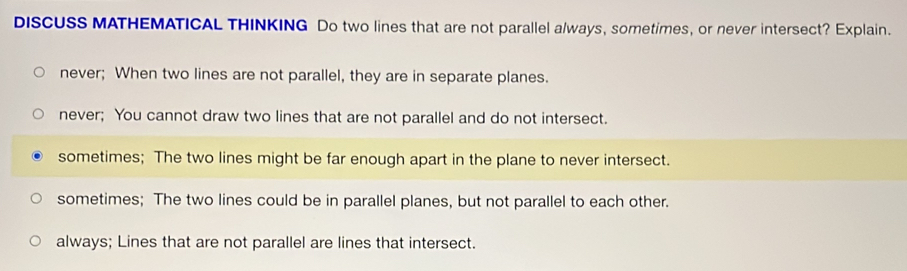 DISCUSS MATHEMATICAL THINKING Do two lines that are not parallel always ...