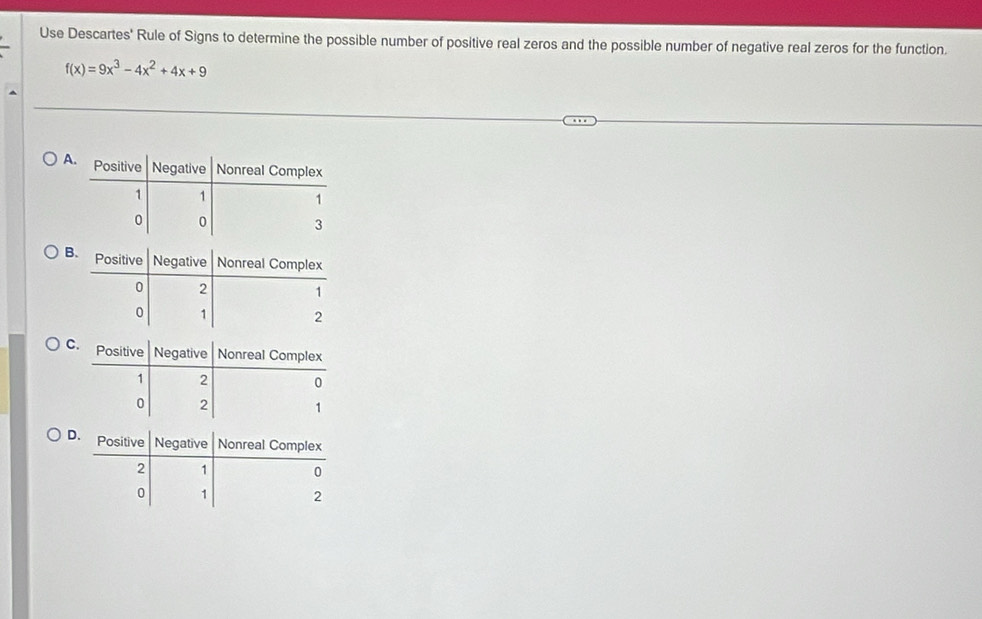 Use Descartes' Rule of Signs to determine the possible number of positive real zeros and the possible number of negative real zeros for the function.
f(x)=9x^3-4x^2+4x+9
A 
B 
C 
D