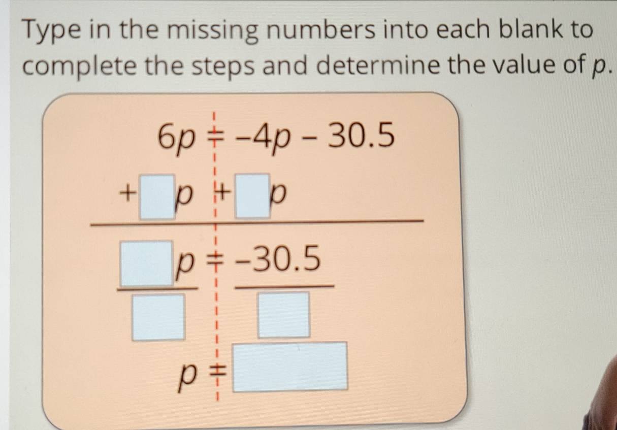 Type in the missing numbers into each blank to 
complete the steps and determine the value of p.
beginarrayr 69+frac 6p=4p-30.5=0endarray  hline _ ^2+30.5 hline □ endarray
0=□
frac 