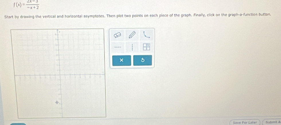 f(x)= (2x-3)/-x+2 
Start by drawing the vertical and horizontal asymptotes. Then plot two points on each piece of the graph. Finally, click on the graph-a-function button. 
.... 
× 
Save For Later Submil A