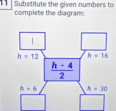 Substitute the given numbers to 
complete the diagram:
h=12
h=16
 (h-4)/2 
h=6
h=30