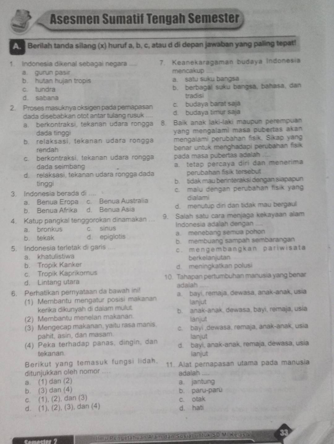 Asesmen Sumatif Tengah Semester
Berilah tanda silang (x) huruf a, b, c, atau d di depan jawaban yang paling tepat!
1. Indonesia dikenal sebagai negara .... 7. Keanekaragaman budaya Indonesia
a. gurun pasir mencakup
b. hutan hujan tropis a. satu suku bangsa
c. tundra b. berbagal suku bangsa, bahasa, dan
d. sabana tradisi
2. Proses masuknya oksigen pada pemapasan c. budaya barat saja
dada disebabkan otot antar tulang rusuk _ d. budaya timur saja
a. berkontraksi, tekanan udara rongga 8. Baik anak laki-laki maupun perempuan
dada tinggi yang mengalami masa pubertas akan
b. relaksasi, tekanan udara rongga mengalami perubahan fisik, Sikap yang
rendah benar untuk menghadapi perúbahan fisik
c. berkontraksi, tekanan udara rongga pada masa pubertas adalah
dada seimbang a. tetap percaya diri dan menerima
d. relaksasi, tekanan udara rongga dada perubahan fisik tersebut
tinggi b. tidak mau berinteraksi dengan siapapun
3. Indonesia berada di c. malu dengan perubahan fisik yang
a. Benua Eropa c. Benua Australia
dialami
b. Benua Afrika d. Benua Asia d. menutup diri dan tidak mau bergaul
4. Katup pangkal tenggorokan dinamakan 9. Salah satu cara menjaga kekayaan alam
Indonesia adalah dengan
a. bronkus c. sinus
b. tekak d. epiglotis a. menebang semua pohon
b. membuang sampah sembarangan
5. Indonesia terletak di garis ....
c. mengembangkan pariwisata
a. khatulistiwa
berkelanjutan
b. Tropik Kanker
d. meningkatkan polusi
c. Tropik Kaprikornus
d. Lintang utara 10. Tahapan pertumbuhan manusia yang benar
adalah
6. Perhatikan pernyataan da bawah ini!
(1) Membantu mengatur posisi makanan a. bayi, remaja, dewasa, anak-anak, usia
lanjut
kerika dikunyah di dalam mulut.
b. anak-anak, dewasa, bayi, remaja, usia
(2) Membantu menelan makanan.
lanjut
(3) Mengecap makanan, yaitu rasa manis. c. bayi ,dewasa, remaja, anak-anak, usia
pahit, asin, dan masam. lanjut
(4) Peka terhadap panas, dingin, dan d. bayi, anak-anak, remaja, dewasa, usia
tekanan. lanjut
Berikut yang temasuk fungsi lidah. 11. Alat pernapasan utama pada manusia
ditunjukkan oleh nomor .... adalah ....
a. (1) dan (2) a. jantung
b. (3) dan (4) b. paru-parù
c. (1), (2), dan (3) c. otak
d. (1), (2), (3), dan (4) d. hati
Comocter 2 Ilmu Pengetatiuan Alam dan Sosial untuk SD M. Kejas v