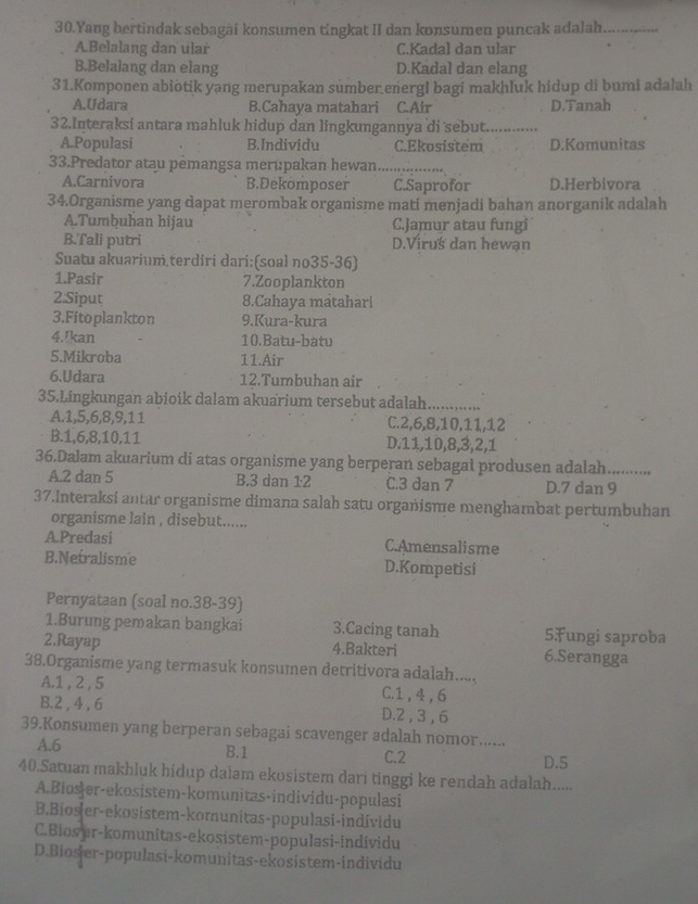 Yang bertindak sebagài konsumen tingkat II dan konsumen puncak adalah._
A.Belalang dan ular C.Kadal dan ular
B.Belalang dan elang D.Kadal dan elang
31.Komponen abiotik yang merupakan sumber.energI bagi makhluk hidup di bumi adalah
A.Udara B.Cahaya matahari C.Air D.Tanah
32.Interaksi antara mahluk hidup dan lingkungannya di sebut_
A Populasi B.Individu C.Ekosistem D.Komunitas
33.Predator atau pėmangsa merupakan hewan...........
A.Carnivora B.Dekomposer C.Saprofor D.Herbivora
34.Organisme yang dapat merombak organisme matí menjadi bahan anorganik adalah
A.Tumbuhan hijau C.Jamur atau fungi
B.Tali putri D.Viruš dan hewạn
Suatu akuarium terdiri dari:(soal no35-36)
1.Pasir 7.Zooplankton
2.Siput 8.Cahaya matahari
3.Fitoplankton 9.Kura-kura
4.Ikan 10.Batu-batu
5.Mikroba 11.Air
6.Udara 12.Tumbuhan air
35.Lingkungan abioik dalam akuarium tersebut adalah_
A.1,5,6,8,9,11 C.2,6,8,10,11,12
B.1,6,8,10,11 D.11,10,8,3,2,1
36.Dalam akuarium di atas organisme yang berperan sebagai produsen adalah.
A.2 dan 5 B.3 dan 1:2 C.3 dan 7 D.7 dan 9
37.Interaksi antar organisme dimana salah satu organisme menghambat pertumbuhan
organisme lain , disebut......
A.Predasi C.Amensalisme
B.Netralisme D.Kompetisi
Pernyataan (soal no.38-39)
1.Burung pemakan bangkai 3.Cacing tanah 5.Fungi saproba
2.Rayap 4.Bakteri 6.Serangga
38.Organisme yang termasuk konsumen detritivora adalah....
A.1 , 2 , 5 C.1 ,4 , 6
B.2 , 4, 6 D.2 , 3 , 6
39.Konsumen yang berperan sebagai scavenger adalah nomor.......
A.6 B.1 C.2 D.5
40.Satuan makhluk hidup daiam ekosistem dari tinggi ke rendah adalah......
A.Biosjer-ekosistem-komunitas-individu-populasi
B.Bios er-ekosistem-komunitas-populasi-individu
C.Bioser-komunitas-ekosistem-populasi-individu
D.Bios er-populasi-komunitas-ekosistem-individu