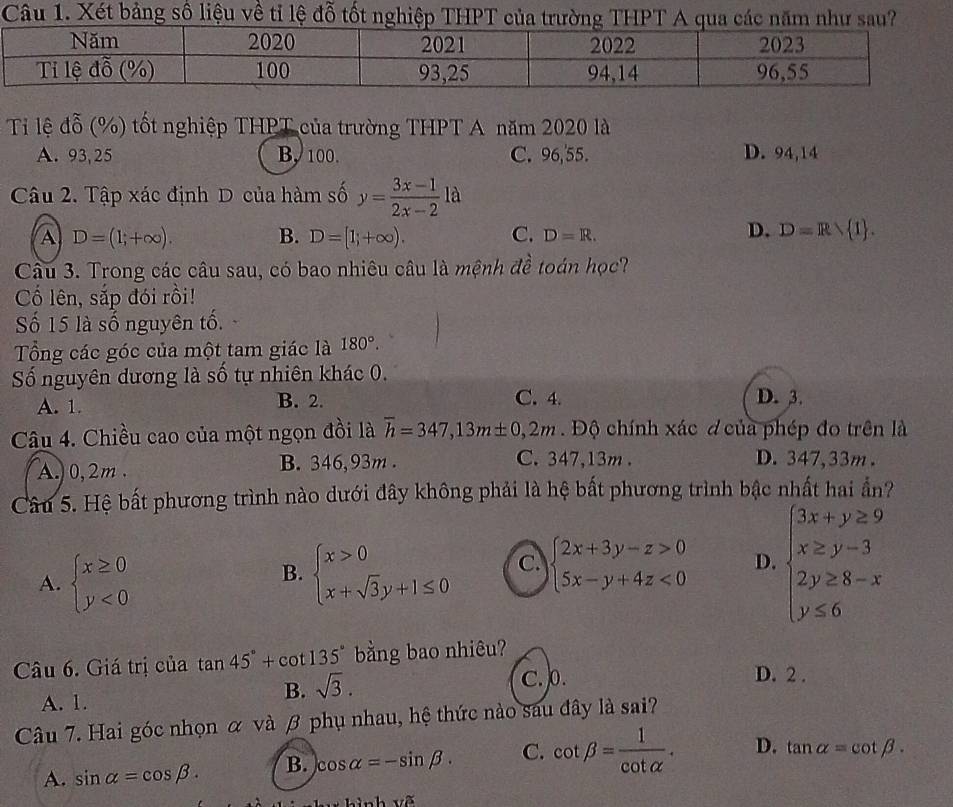 Xét bảng số liệu về tỉ lệ đỗ tốt nghiệp THPnhư sau?
Tỉ lệ đỗ (%) tốt nghiệp THPT của trường THPT A năm 2020 là
A. 93,25 B, 100. C. 96,55. D. 94,14
Câu 2. Tập xác định D của hàm số y= (3x-1)/2x-2 la
D.
A D=(1;+∈fty ). B. D=[1;+∈fty ). C. D=R. D=Rvee  1 .
Câu 3. Trong các câu sau, có bao nhiêu câu là mệnh đề toán học?
Cố lên, sắp đói rồi!
Số 15 là số nguyên tố.
Tổng các góc của một tam giác là 180°.
Số nguyên dương là số tự nhiên khác 0.
A. 1. B. 2.
C. 4. D. 3.
Câu 4. Chiều cao của một ngọn đồi là overline h=347,13m± 0,2m Độ chính xác đ của phép đo trên là
A. 0,2m . B. 346,93m . C. 347,13m . D. 347,33m .
Câu 5. Hệ bất phương trình nào dưới đây không phải là hệ bất phương trình bậc nhất hai ần?
A. beginarrayl x≥ 0 y<0endarray. beginarrayl x>0 x+sqrt(3)y+1≤ 0endarray. C beginarrayl 2x+3y-z>0 5x-y+4z<0endarray. D. beginarrayl 3x+y≥ 9 x≥ y-3 2y≥ 8-x y≤ 6endarray.
B.
Câu 6. Giá trị của tan 45°+cot 135° bằng bao nhiêu?
B. sqrt(3).
C. 0. D. 2 .
A. 1.
Câu 7. Hai góc nhọn α và β phụ nhau, hệ thức nào sau đây là sai?
A. sin alpha =cos beta . B. cos alpha =-sin beta . C. cot beta = 1/cot alpha  . D. tan alpha =cot beta .
hình võ
