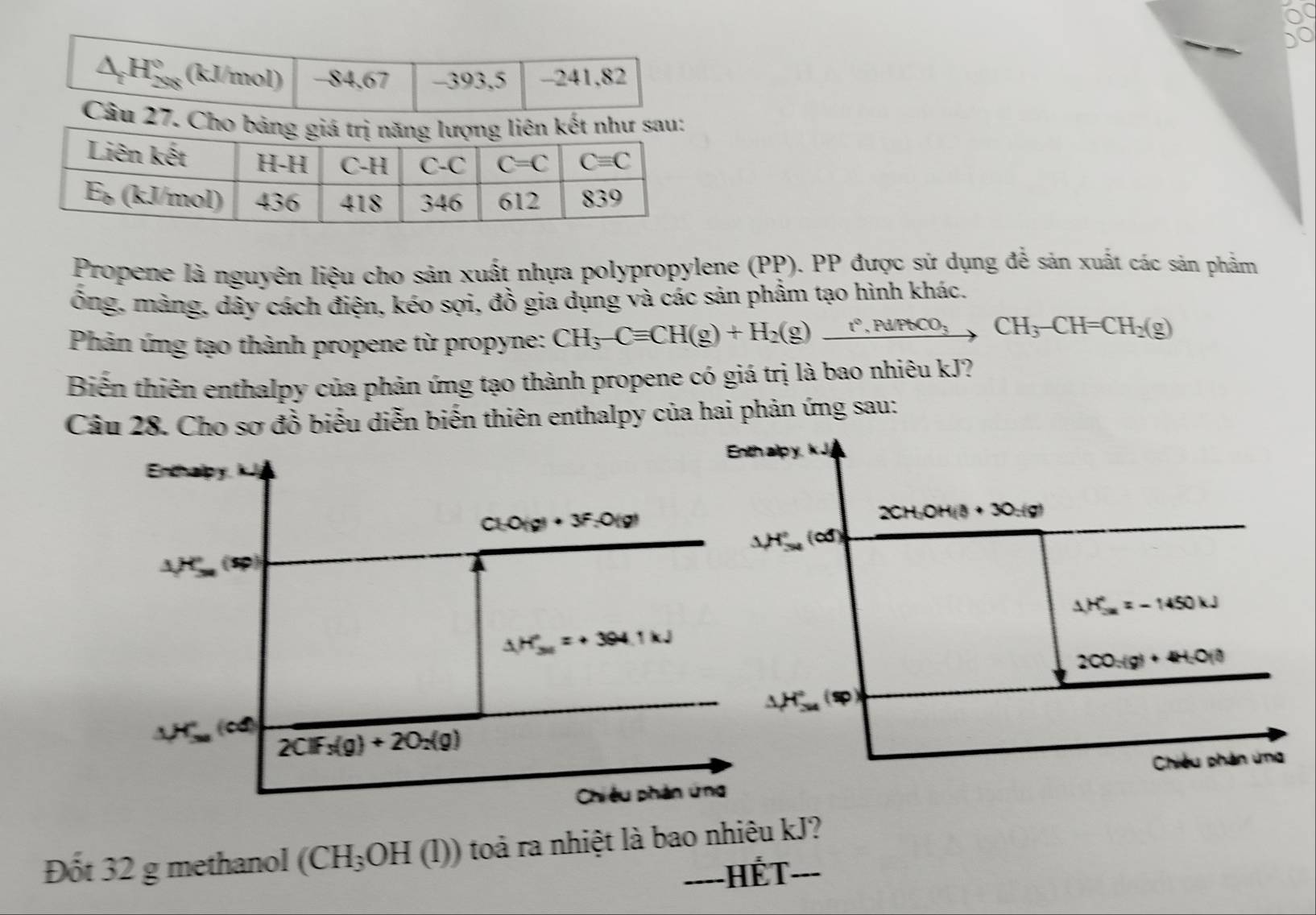 △ _2H_(298)° (kJ/mol) -84,67 -393,5 -241,82
Câu 27. Cho
Propene là nguyên liệu cho sản xuất nhựa polypropylene (PP). PP được sử dụng để sản xuất các sản phẩm
ống, màng, dây cách điện, kéo sợi, đồ gia dụng và các sản phẩm tạo hình khác.
Phản ứng tạo thành propene từ propyne: CH_3-Cequiv CH(g)+H_2(g)xrightarrow r(g,Pd/PbCO_3CH_3-CH=CH_2(g)
Biến thiên enthalpy của phản ứng tạo thành propene có giá trị là bao nhiêu kJ?
Câu 28. Cho sơ đồ biểu diễn biến thiên enthalpy của hai phản ứng sau:
Enthalpy
CEO(g)+3F.O(g)
△ H'(sq)
△ H_(30)°=+394.1kJ
△ H_(58)°(cd) 2ClF_x(g)+2O_2(g)
Chiêu phản ứ
Đốt 32 g methanol (CH_3OH(l)) toả ra nhiệt là bao nhiêu kJ?
--Hhat ET i ---