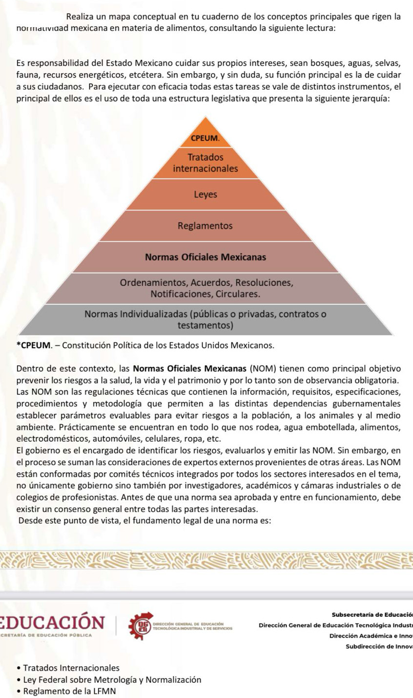 Realiza un mapa conceptual en tu cuaderno de los conceptos principales que rigen la
normatividad mexicana en materia de alimentos, consultando la siguiente lectura:
Es responsabilidad del Estado Mexicano cuidar sus propios intereses, sean bosques, aguas, selvas,
fauna, recursos energéticos, etcétera. Sin embargo, y sin duda, su función principal es la de cuidar
a sus ciudadanos. Para ejecutar con eficacia todas estas tareas se vale de distintos instrumentos, el
principal de ellos es el uso de toda una estructura legislativa que presenta la siguiente jerarquía:
ios.
Dentro de este contexto, las Normas Oficiales Mexicanas (NOM) tienen como principal objetivo
prevenir los riesgos a la salud, la vida y el patrimonio y por lo tanto son de observancia obligatoria.
Las NOM son las regulaciones técnicas que contienen la información, requisitos, especificaciones,
procedimientos y metodología que permiten a las distintas dependencias gubernamentales
establecer parámetros evaluables para evitar riesgos a la población, a los animales y al medio
ambiente. Prácticamente se encuentran en todo lo que nos rodea, agua embotellada, alimentos,
electrodomésticos, automóviles, celulares, ropa, etc.
El gobierno es el encargado de identificar los riesgos, evaluarlos y emitir las NOM. Sin embargo, en
el proceso se suman las consideraciones de expertos externos provenientes de otras áreas. Las NOM
están conformadas por comités técnicos integrados por todos los sectores interesados en el tema,
no únicamente gobierno sino también por investigadores, académicos y cámaras industriales o de
colegios de profesionistas. Antes de que una norma sea aprobada y entre en funcionamiento, debe
existir un consenso general entre todas las partes interesadas.
Desde este punto de vista, el fundamento legal de una norma es:
                               
Subsecretaría de Educació
educación Pecrológica Mous RalP dese pvcios  Dirección General de Educación Tecnológica Indust
Dirección Académica e Inno
Subdirección de Innov
Tratados Internacionales
Ley Federal sobre Metrología y Normalización
Reglamento de la LFMN