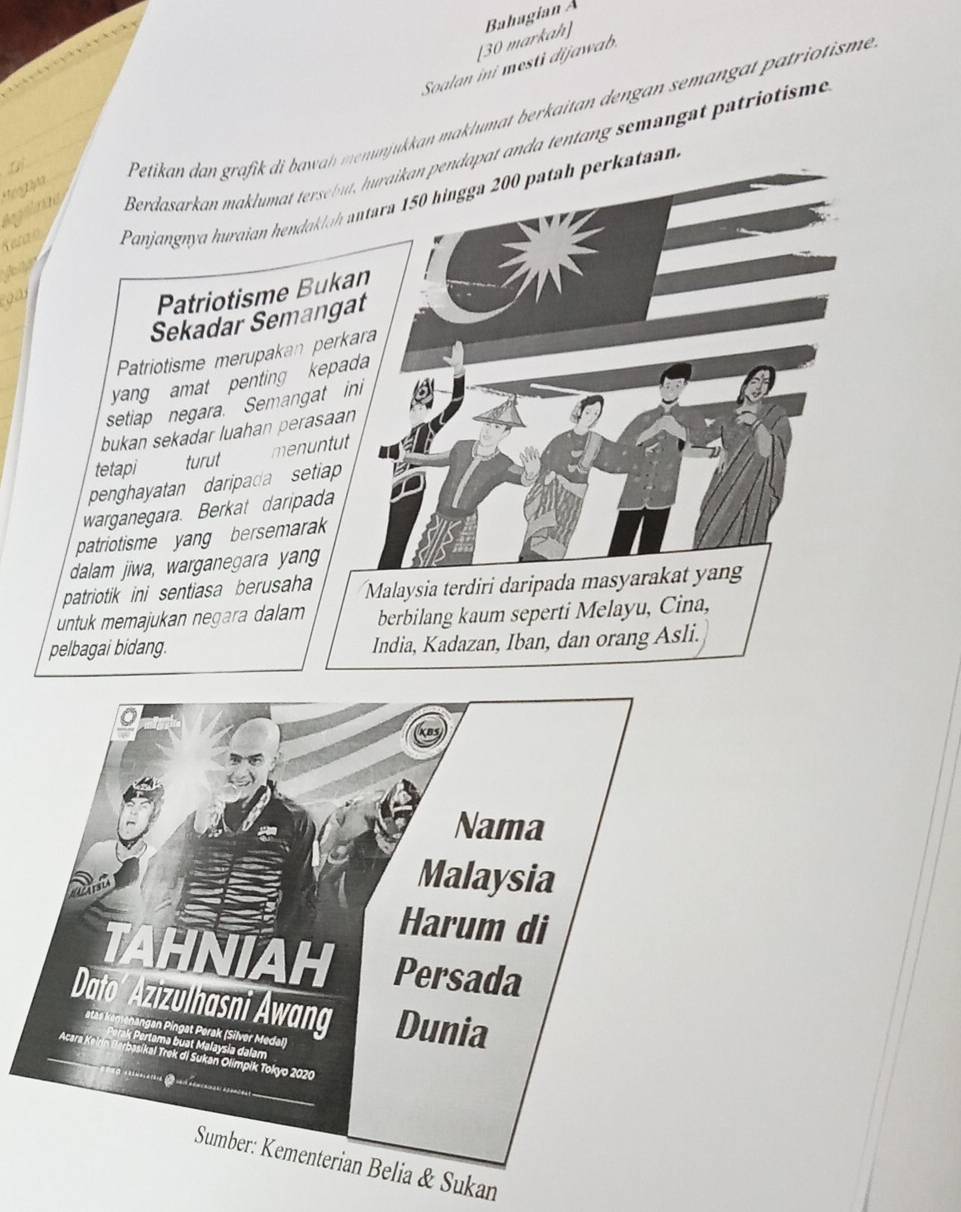 [30 markah] Bahagian Á 
Soalan ini mesti dijawab. 
Berdasarkan maklumat tersebut, huraikan pendopat anda tentang semangat patriotisme 
tì 
Petikan dan grafik di bawah menunjukkan maklumat berkaitan dengan semangat patriotisme 
Kera n Panjangnya huraian hendaklah antara 150 hingga 200 patah perkataan 
g 
Patriotisme Bukan 
Sekadar Semangat 
Patriotisme merupakan perkara 
yang amat penting kepada 
setiap negara. Semangat ini 
bukan sekadar luahan perasaan 
tetapi turut menuntut 
penghayatan daripada setiap 
warganegara. Berkat daripada 
patriotisme yang bersemarak 
dalam jiwa, warganegara yang 
patriotik ini sentiasa berusaha Malaysia terdiri daripada masyarakat yang 
untuk memajukan negara dalam berbilang kaum seperti Melayu, Cina, 
pelbagai bidang. India, Kadazan, Iban, dan orang Asli. 
ukan